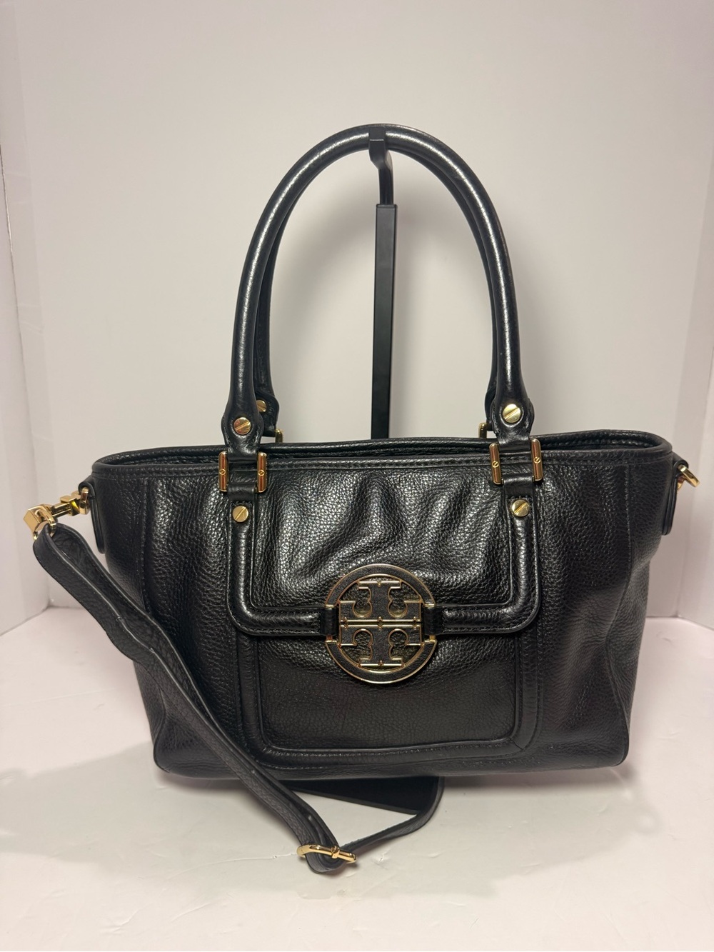 Tory Burch Amanda Black Pebbled Leather Satchel Crossbody Bag - Picture 2 of 12